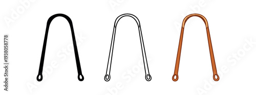 Three simple icons of a u-shaped leather bag handle with small metal loop ends shown as solid, outline, and colored versions for design use.