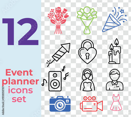 Event Planner Icons Set – Wedding, Party, Celebration Line and Color Icons Collection