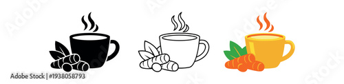 Three versions of a steaming mug with root pieces and leaves beside it, suitable for tea branding, menus, or wellness graphics.