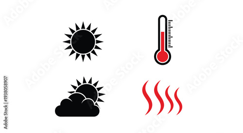 Weather and Temperature Icons Vector Set with Sun, Cloud, Thermometer and and Heat Waves Isolated on White.