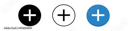 Three circular plus buttons in three styles — solid black, black outline, and blue filled — intended as ui controls or icon set elements.
