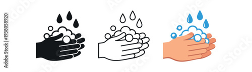 Three simple hand washing icons in black, outline, and colored styles showing hands, soap bubbles, and water drops for hygiene reminders or interface buttons.
