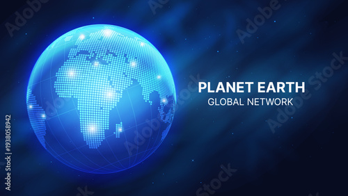 Earth Planet in Space with Digital Dotted Globe and Global Network Lights. Futuristic World Map Cosmos Background Vector Illustration