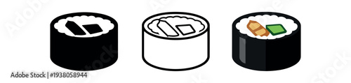 Three thick cylindrical maki roll icons in solid, line, and colored styles showing rice and chunky fillings for menu graphics and ui use.