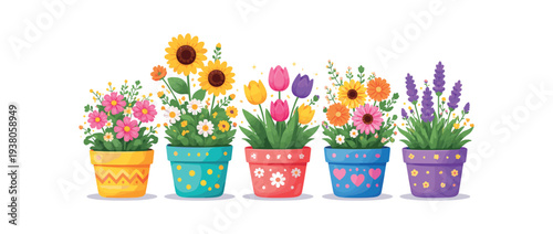 A cheerful row of decorated flower pots filled with mixed blooms including sunflowers, tulips, daisies and lavender, styled for spring graphics, banners, and home decor prints.