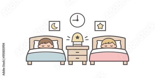 Flat cartoon of two kids asleep in matching twin beds separated by a nightstand holding a lamp and a clock above, moon and star pictures on the wall.