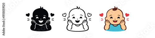 Three variations of a happy baby face holding hands near cheeks with little hearts — silhouette, outline, and colored versions for ui, stickers, or parenting material.