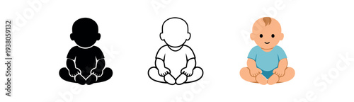 Three simple baby sitting figures shown as a black silhouette, a black outline, and a full-color friendly cartoon — suitable for childcare, baby product, or parent guide design.