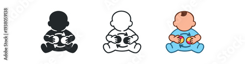 Three baby figures seated holding a round toy: black silhouette, black outline, and full-color cartoon version — great for toy packaging, playtime guides, or nursery signage.