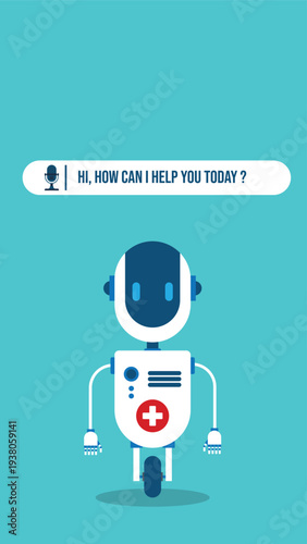 AI Healthcare Chatbot Robot Assistant with Medical Cross, Voice Support Interface for Telemedicine, Digital Health Consultation, Virtual Doctor Help Service Vector Illustration