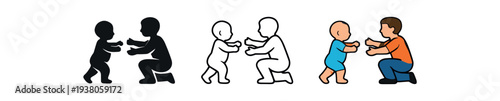 Three icons of a toddler walking toward a kneeling adult with open arms — solid, outline, and colored styles for parenting, milestone, and family designs.