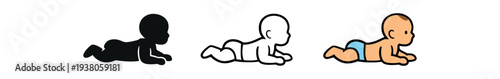 Three crawling baby icons in silhouette, line art, and full color showing a baby on hands and knees — useful for developmental milestones, signage, apps, and stickers.