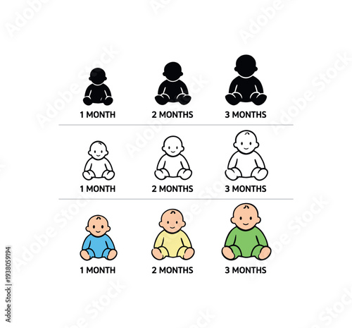 Rowed icons illustrating a baby at 1 month, 2 months, and 3 months in three visual styles—solid, line art, and colored—designed for growth charts, milestone trackers, or parenting resources.