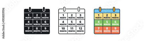 Three variations of a 12-month calendar grid icon set showing months numbered 1–12 for planners, milestone tracking, or schedule visuals.