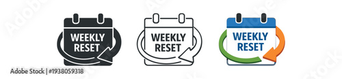 Three flat calendar icons labeled "weekly reset" in black, outline, and full color variations, each with a circular arrow wrapping the page to suggest restarting or routine scheduling. good for ui, 