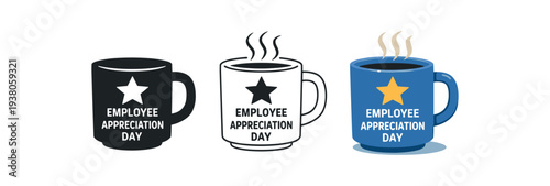 Three mug icons labeled "employee appreciation day" shown as solid, line, and colored versions with a star on the cup and steam rising, suited for event badges, internal communications,