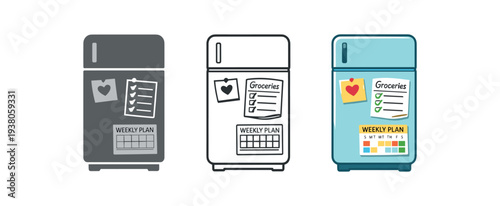 Three simple fridge icons showing a magneted note, grocery checklist and a weekly plan calendar in grayscale, outline and colorful versions for kitchen planning and app design.