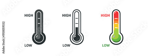 Three flat thermometer icons side by side: a filled dark outline, an empty outline, and a colored gradient thermometer with green at low and red at high, 