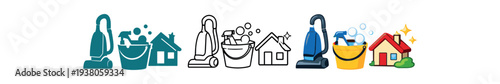 A row of three-style icons showing a vacuum, soapy bucket and sparkling house in solid, outline and colored versions for cleaning apps and chore planners.