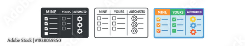 Three flat checklist panels arranged side by side: a solid dark card, an outline card, and a colorful card with columns labeled "mine", "yours", and "automated", checkboxes and gear icons tasks, 