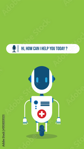 AI Healthcare Chatbot Robot Assistant with Medical Cross, Voice Support Interface for Telemedicine, Digital Health Consultation, Virtual Doctor Help Service Vector Illustration