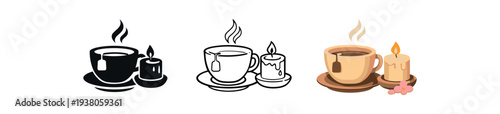 Three tea-and-candle icons: solid black, line art, and full-color cozy versions featuring a steaming cup on a saucer beside a burning candle for wellness and spa graphics.