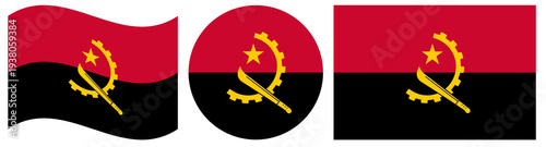Flags of Angola isolated collection. Waving flag of Angola isolated. Round flag of Angola isolated in circle shape.