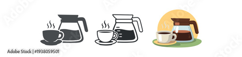 Coffee pot and steaming cup next to a saucer for cafe banner or menu design flat vector icon