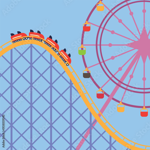 Amusement Park Vector Illustration with Rollercoaster and Giant Wheel