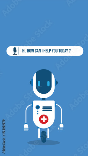 AI Healthcare Chatbot Robot Assistant with Medical Cross, Voice Support Interface for Telemedicine, Digital Health Consultation, Virtual Doctor Help Service Vector Illustration