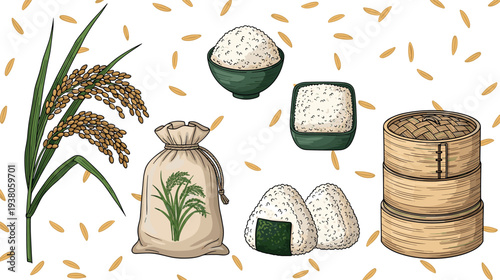 Rice agriculture and food collection with rice plant grains bowl sack onigiri and bamboo steamer hand drawn vector illustration