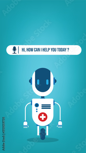 AI Healthcare Chatbot Robot Assistant with Medical Cross, Voice Support Interface for Telemedicine, Digital Health Consultation, Virtual Doctor Help Service Vector Illustration