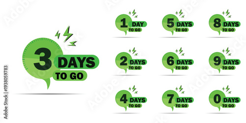Countdown days to go banner. count time and days for sale banner, poster, lable, Nine, eight, seven six five four three two one zero days to go with green color. Vector template 