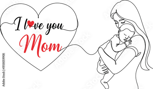 Mother holding baby continuous line art with heart and love you mom lettering mothers day vector