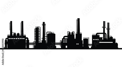 A black silhouette of an industrial factory against a white background