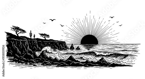 Waves crashing on rocky ocean shore.