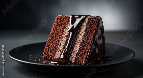 Moist chocolate cake slice with rich chocolate sauce on black plate