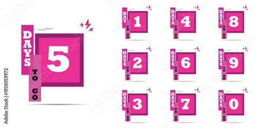 Countdown of days 1,2,3,4,5,6,7,8,9,10. The days to go badges. A countdown is going on, one day to go  badge and a label to calculate the date of work. Offer timer, sticker limited to a few days.