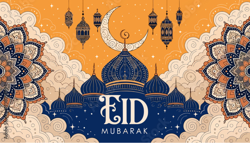 Eid Mubarak celebration with mosque and lanterns in night sky