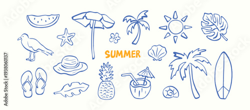 Hand drawn summer doodle beach tropical set