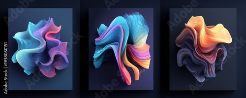 Three abstract colorful 3D fluid shapes with flowing layered ribbons against dark canvas