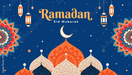 Ramadan Eid Mubarak celebration with mosque and lanterns