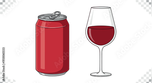 Soda can and wine glass beverage set with soft drink aluminum can and red wine drink vector illustration