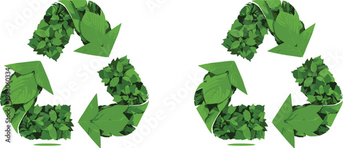 Green recycle symbol made of leaves, eco friendly recycling concept, environmental sustainability, nature conservation, organic ecology illustration isolated