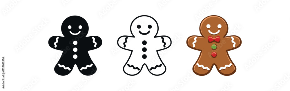 Fototapeta premium Three cheerful gingerbread man icons shown as solid, outlined, and full-color versions for christmas labels and seasonal art.