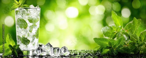 Refreshing mint soda with ice cubes and fresh leaves against  bright green bokeh
