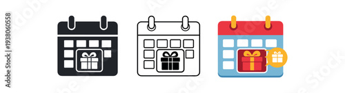 Three calendar icons side by side — solid black, outline, and a colorful calendar with a wrapped gift badge — ideal for event planning, reminders, and holiday apps.