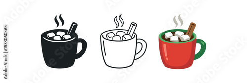 A trio of hot cocoa mug icons shown as a solid black cup, a line art cup, and a red cup topped with marshmallows and a cinnamon stick, steaming for warm winter and cafe uses.