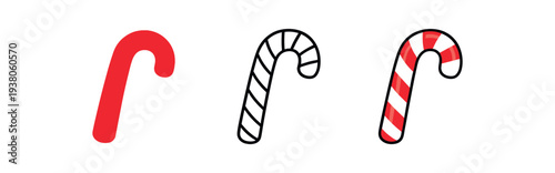 Three candy cane icons side by side: a solid red shape, a black outline, and a red-and-white striped colored version for christmas decorations or design assets.
