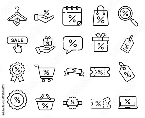 Shopping sale and discount line icon set with percentage promo tag, gift box offer, calendar event, voucher ticket, retail bag, ribbon badge more vector illustration or editable stroke.